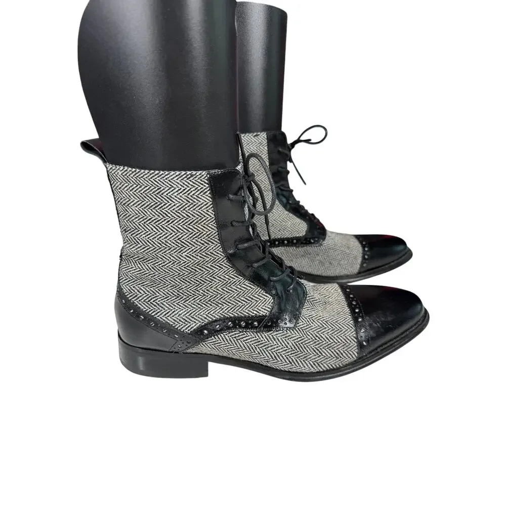 GIOVANNI Boots Black Leather Grey Herringbone Tweed Cloth Panel Cap Toe Lace Up